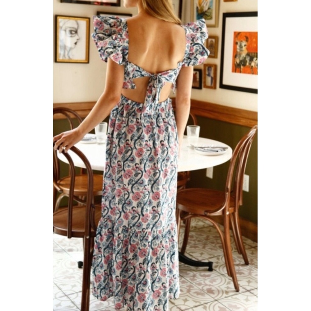 Anna Cate Giselle Smocked Maxi Dress Pink Blue Floral Ruffle Tie Back Medium